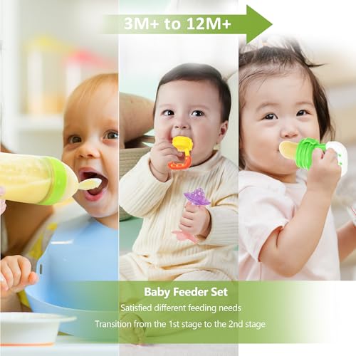 Baby Fruit Feeder Pacifier - 5 Pack | 2 Infant Food Feeder Pacifier & 1 Baby Food Dispensing Spoon | Fresh Fruit Teethers for Babies | Shower Gifts for Boys and Girls (Green&Yellow) - color: 05-Green