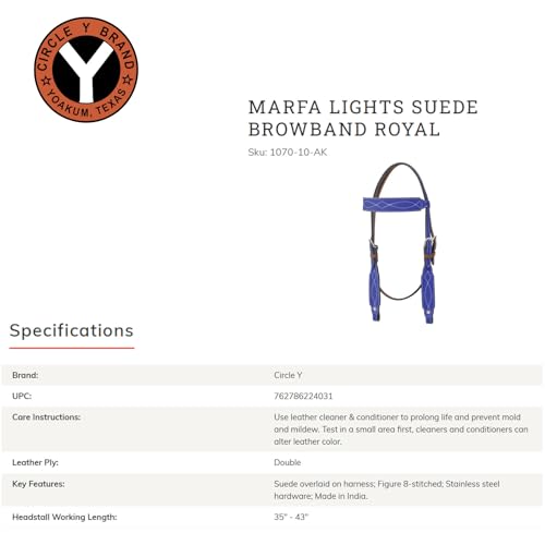 CIRCLE Y Marfa Lights Suede Browband Headstall | Double Ply Western Headstall with Suede Overlay, White Stitching & Stainless Steel Hardware | 35"- 43" Adjustable Fit - color: Royal Blue