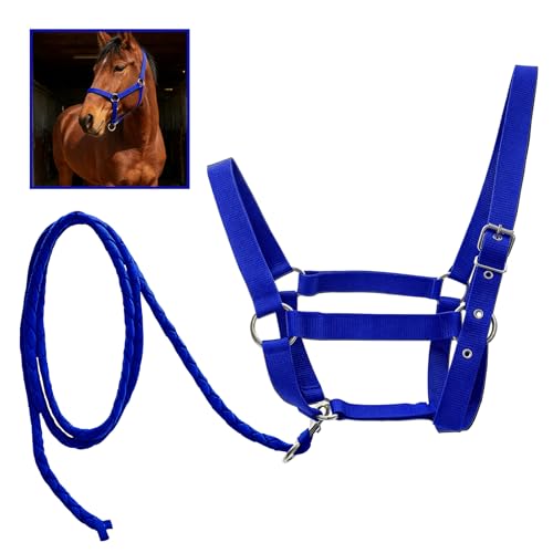 Adjustable Nylon Horse Halter & Matching Lead Set for Horses - color: BLUE