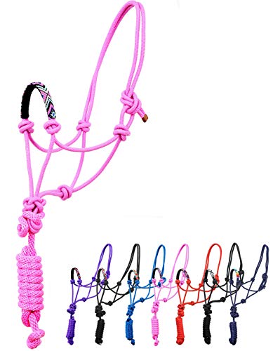 Nylon Horse Braided Rope Halter Beaded Noseband Lead Rope (Pink) - color: Pink