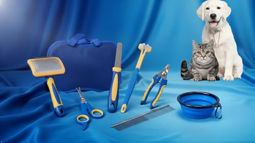 Professional 8-Piece Pet Grooming Kit for Dogs & Cats – Deshedding Brush, Nail Clippers, Scissors, Comb, Grooming,Beauty File,Collapsible Dog Bowls,pet Toothbrush,Glove & Travel Case