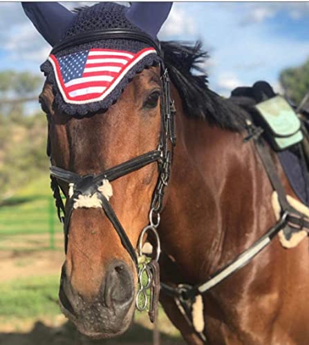 Navy Blue Horse/Full USA American Flag All Purpose English Saddle Pad with Matching Fly Bonnet Ear Net Fly Veil, Full/Horse