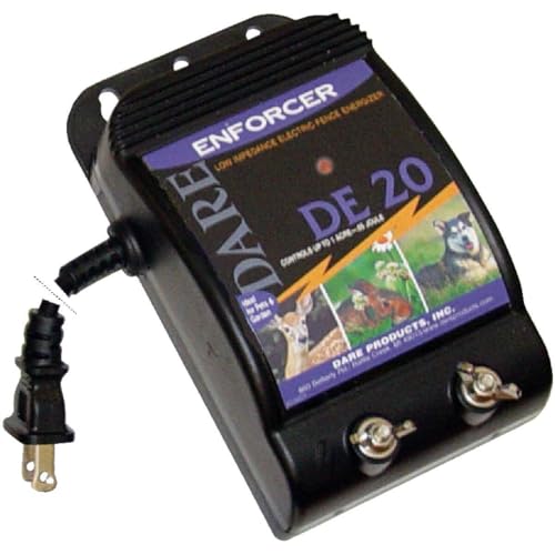 Dare Products Enforcer DE20 Ultra Low Impedance 110V Plug-In Electric Fence Energizer For Dogs and Garden Animals, Controls Upto 1 Acre Of Clear Fence, 0.05 Joules Output, Black