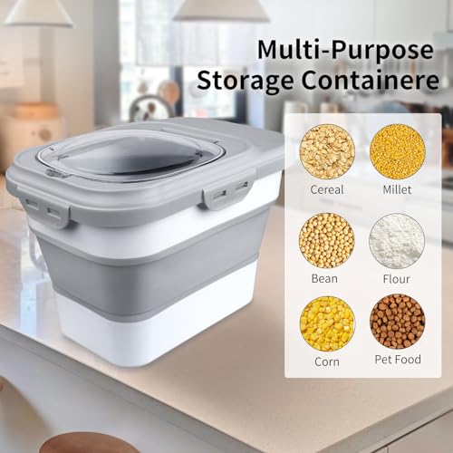Komzon Rice Storage Container, Collapsible Airtight Food Storage Containers 6-20 Lbs, Rice Dispenser with Measuring Cup and Small Bin for Flour Cereal Pasta Grain, Cat Pet Dog Bird Food Container - size: 6-20 Lbs Gray
