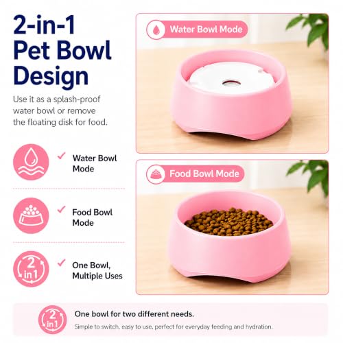 Pink No Spill Dog Water Bowl, Pet Floating Water Bowl No Wet Mouth, Anti Splash & Anti Tip Slow Water Feeder, Keeps Fur Dry Clean Drinking Bowl for Dogs & Cats, Large Capacity Travel Friendly - color: Pink, White
