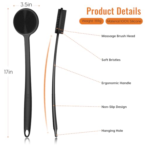 Silicone Back Scrubber for Shower, 17in Lengthen Long Handle Body Brush, Double Sided Shower Brush for Shower Exfoliating and Massage Can Produce Rich Foam, Long Handle Back Scrubber for Men - color: Black