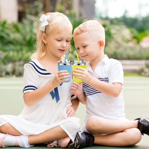 Stainless Steel Kids Cups with Lids, 5 Pack 12oz Spill Proof Cups - color: Light Blue, Green, Pink, Purple Yellow
