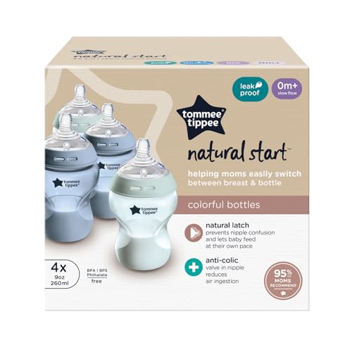 Tommee Tippee Natural Start Anti-Colic 9 oz BPA Free Baby Bottles, 0+ Months, Slow Flow Breast-Like Nipple, Self Sterilizing, Seamless Transition Between Bottle & Breast, Blue & Green, Pack of 4 | Pack of 4, Slow Flow Breast-Like Nipple, Self-Sterilizing,