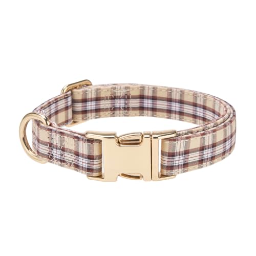 Cotton Plaid Dog Collar with Metal Buckle for Small Dogs (Apricot) - color: Mocha Plaid, size: Small