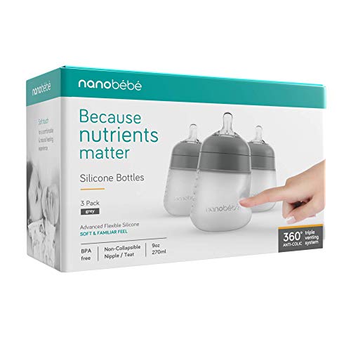 Nanobebe Flexy Silicone Baby Bottle, Anti-Colic, Natural Feel, Non-Collapsing Nipple, Non-Tip Stable Base, Easy to Clean, 3-Pack, Gray, 9oz - color: Grey, style: 9 Ounce 3-Pack