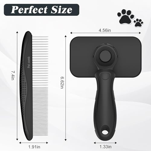 2PCS Self Cleaning Slicker Brush & Dog Comb - Skin Friendly Deshedding Grooming Tool for Dogs, Cats and Small Animals, Professional Deshedding Dematting Tool for Long and Short Haired Pets (Black) - color: Black