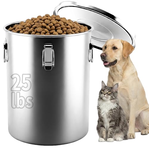 304 Stainless Steel Dog Food Storage Container, 25LB/30LB Airtight Pet Food Container with Locking Lid & Silicone Seal, Large Metal Food Storage Bin for Dry Dog/Cat Food, Rice, Flour (25 LBS) - size: 25 LBS