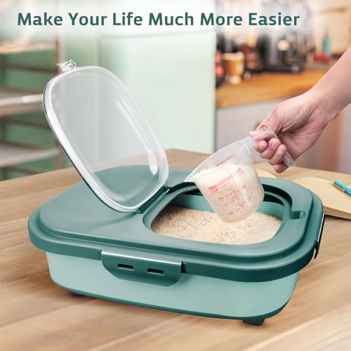 Komzon Rice Storage Containers, Collapsible 20 to 30Lbs Food Storage Bin Dispenser with Rolling Wheel and Clear Airtight Lid, BPA Free Flour, Sugar, Cereal and Dog Cat Pet food Containers - color: Green