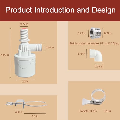 Chicken Waterer Float Valve Kit - Side Inlet, Compatible with Various Chicken Water Cups & Nipples, Includes Hole Opener, 4 Hose Clamps, Raw Tape, 1/2 to 3/4 Inch Adapter