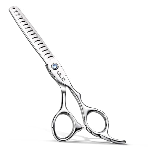ULG Hair Thinning Scissors 6.7” Shark Series 100% Japanese Stainless Steel, Offset Handle, 16-Tooth Fishbone Chunker 45% Hair Removal, Professional Barber Layering Shears for Salon & Home Hair Styling - color: Blue01