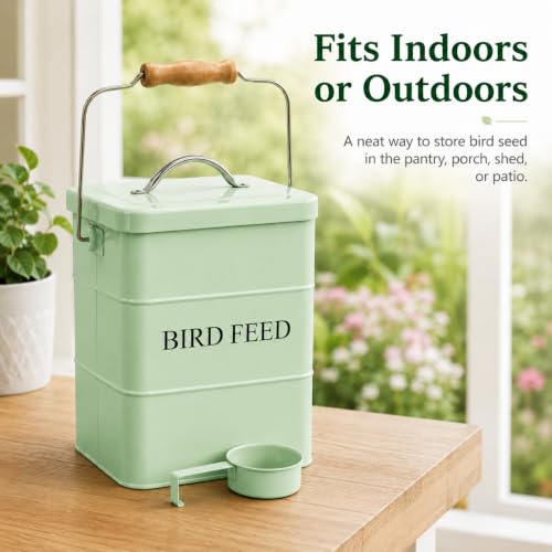 Morezi Airtight Bird Seed Storage Container 5~6LB Metal Bird Food Container | Wild Bird Seed Tin with Scoop and Handle, for Storing Sunflower Seed, Porch, Yard - Sturdy and Squirrel Proof -Green