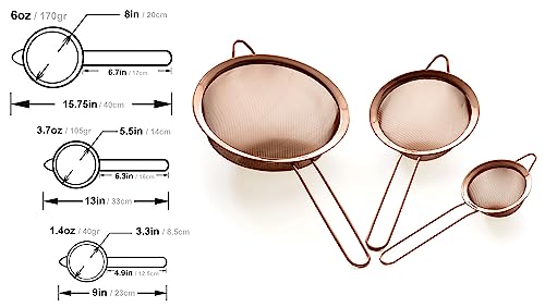 Strainer Set Fine Mesh – Premium 304 Stainless Steel (18/8) – 8″, 5.5″ and 3.3″ Sturdy Kitchen Strainers (Copper) - color: Copper Rose
