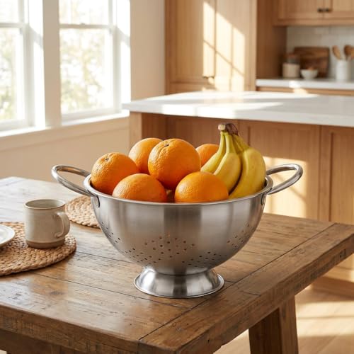 2 Pack Stainless Steel Colander Set with Handles - Heavy-Duty Nesting Strainers (5 Qt, 1 Qt) for Pasta, Rice, Vegetables, Rust-Proof Kitchen Drainer Bowls