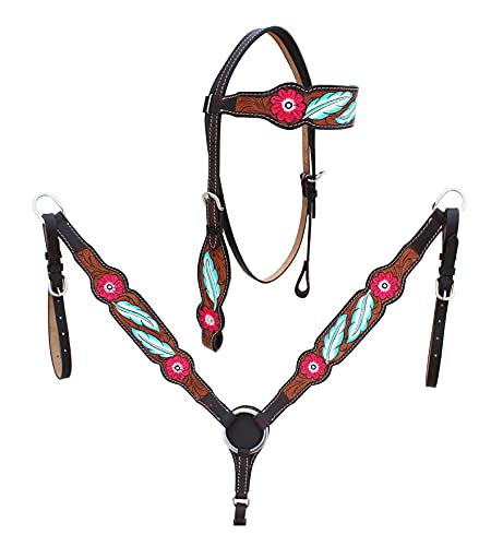 CHALLENGER Horse Western Leather Tooled Headstall Bridle Breast Collar Tack Set 78HRBrowbandSet - color: Blue Feather Brown