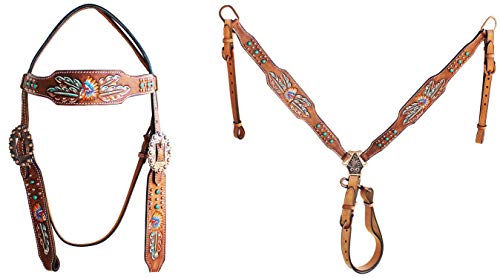 CHALLENGER Horse Western Leather Tooled Headstall Bridle Breast Collar Tack Set 78HRBrowbandSet - color: Brown Leather, Butterfly
