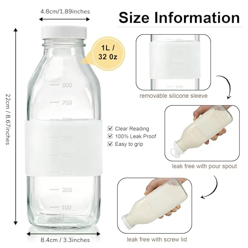 32 oz Reusable Glass Milk Bottles with Leak Proof Lid and Pour Dispenser
