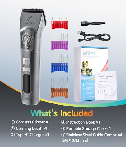 Professional Cordless Dog Grooming Clippers, 12-Hour Runtime, Replaceable 440C Stainless Steel Blade, 3-Speed Quiet Electric Pet Hair Trimmer for Thick, Curly & Matted Coats, Groomer & Home Use, Grey