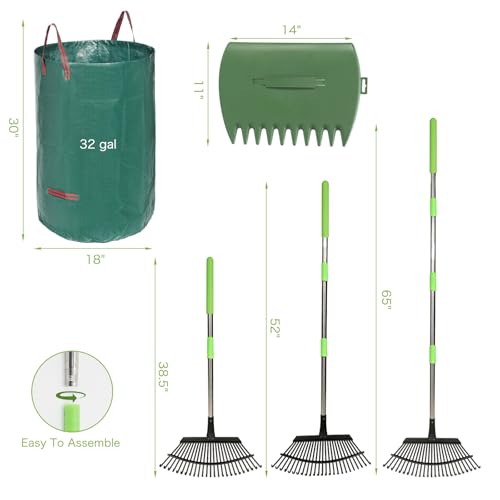 65 Inch 25 Tines Metal Leaf Rake Set with 32 Gal Bags Scoops, 18in Wide | Heavy duty lawn rake, Garden leaf collector, Yard clean up tool, Metal tines rake, Camping gear, Shrub rake, Weed remover - style: Green