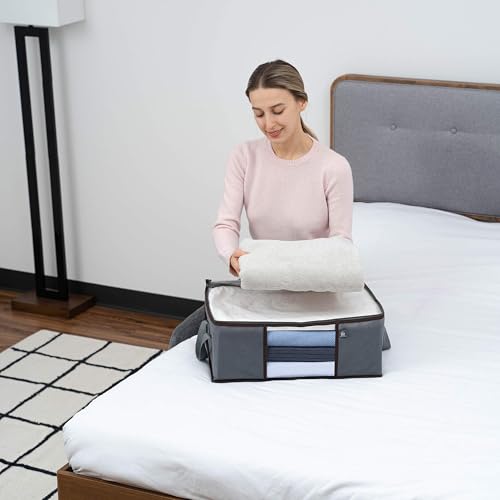 VENO 3 Pack Medium Clothes Storage Bag with Reinforced Handle 9.5 Gallon | Thick Container Bins Organizer for Blankets, Comforters, Bedding, Foldable w/ Sturdy Zipper, Clear Window, Grey(9.5 Gallon) - size: Medium, 9.5 Gallon, Set of 3