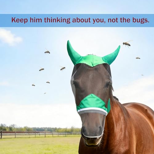 Green UV Protection Fly Mask for Horses with Nose & Ear Coverage