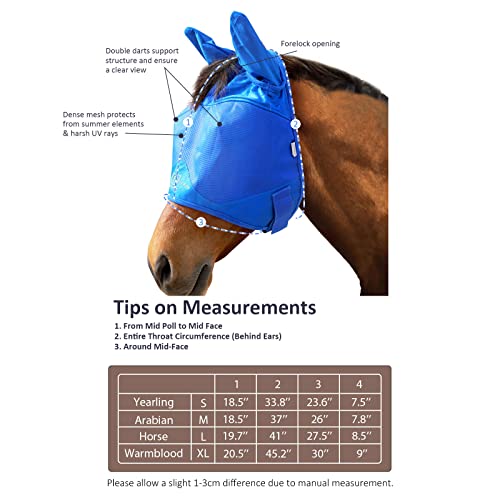Harrison Howard UV-Proof Multi-Function Fabrics Thick Fleece Padding Horse Fly Mask Half Face with Ears Signature Blue Warmblood Extra Large - color: Signature Blue, size: X-Large (Warmblood)