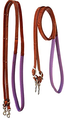 CHALLENGER Horse Western 8' Tan Leather Rubber Grip Contest Barrel Reins Black 805LR11BK - color: Tan/Purple