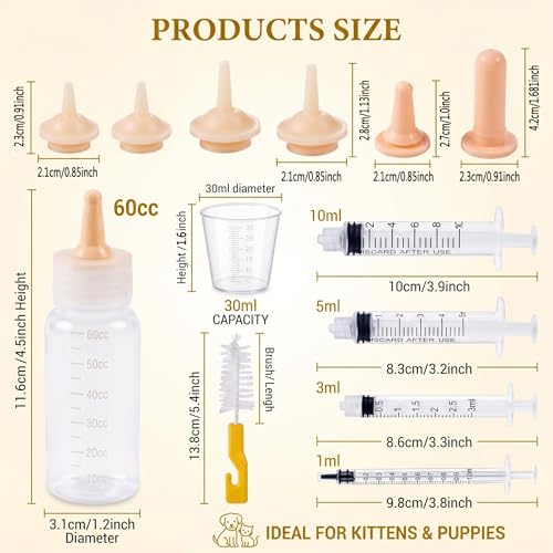 SYNLIN Newborn Pet Feeding Kit, 60cc Nursing Bottle + Multiple Oral Feeders + 10 Silicone Nipples + Cleaning Brush, Milk Feeding Tool Set for Puppy Kitten Hamster Rabbit Small Pets