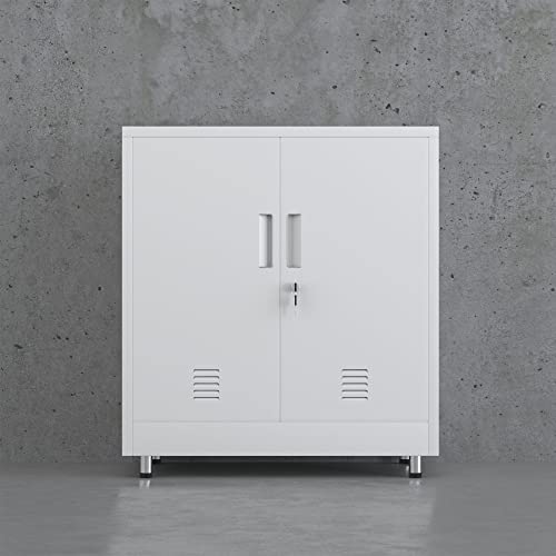 JINGUR Metal Storage Cabinet with Locking Doors and Adjustable Shelf, Small Lockable Sideboard Buffet Cabinet for Home Office Hallway Entryway Living Dining Room (White) - color: White