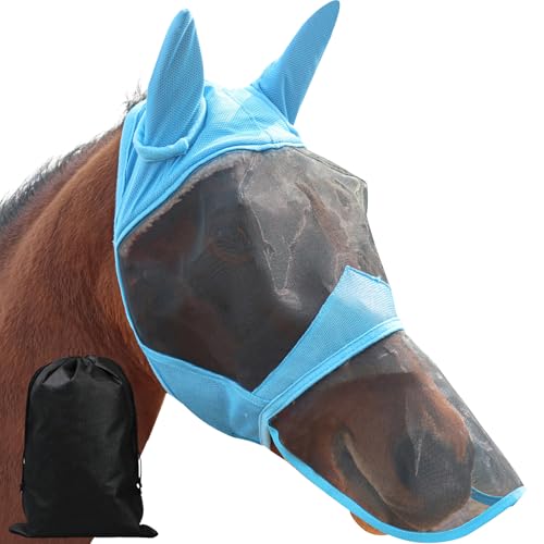 Full Face Long Nose Fly Mask with Ears Protection Maximum Coverage UV Shield for All Day Pasture and Turnout Use (Sky Blue) - color: Sky Blue