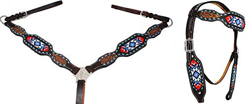 CHALLENGER Horse Western Leather Tooled Headstall Bridle Breast Collar Tack Set 78HRBrowbandSet - color: Brown Turquoise White Beads