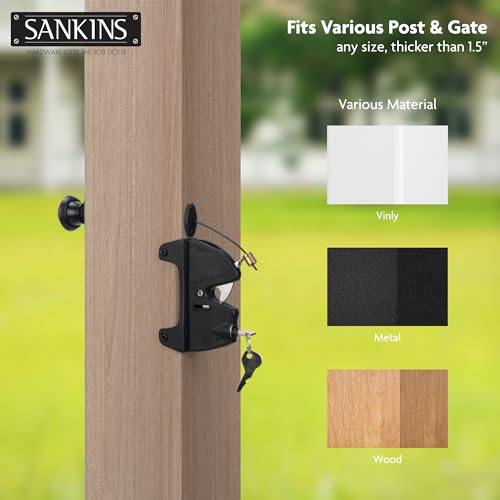 Key Lockable Fence Gate Latch, 2 Sided Gate Lock Latch for Outdoor Fence, Keyed Fence Lock Latch with Spring Loaded Pull Cable, Fence Latch Gate Hardware for Wood, Vinyl, Metal Gates, Black