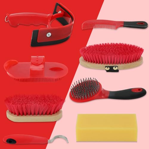 Horse Grooming Kit, 9-Piece Horse Brush Set with Tote Bag, Red - color: Red