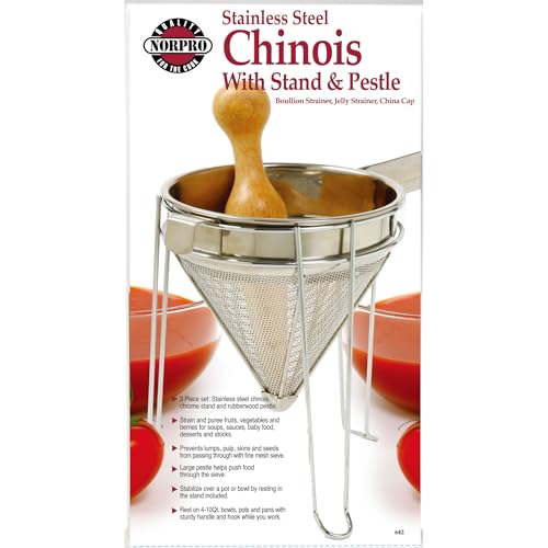 Norpro 642 Stainless Steel Chinois with Stand and Pestle Set, Bouillon Strainer, Jelly Strainer, China Cap