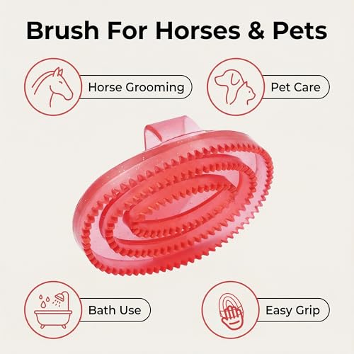 horse brush Rubber Curry Brush Red Grooming Tool With Flexible Nubs Easy Grip Handle For Coat Cleaning Mane Tail Care Barn Tack Kit Daily Use - color: Red
