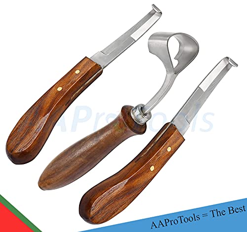 Hoof Knife 3 Piece Set Sharpener Right & Left Handed Double Edge Swiss Hoof Knife Farrier Horses Goats Pick Trimming Knives Wooden Handle