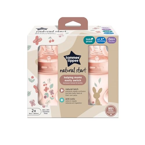 Tommee Tippee Natural Start Baby Bottles, Anti-Colic, 0m+, 9oz | Pack of 2, Slow Flow Breast-Like Nipple, Self-Sterilizing, Seamless Bottle-to-Breast Transition, Pink, BPA Free - color: Pink