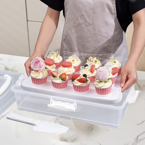 Plastic Cake Carrier and Cupcake Holder with Lids,Portable Stackable Cupcake Dessert Storage Container for Full Size 14x9 Cake Box Or Storing 12 Cupcakes Tray