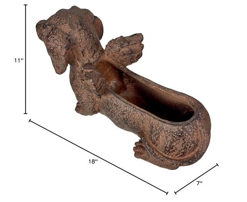 Animal Planter, 18 Inch Flying Dachshund with Distressed Brown Finish | Magnesium Oxide, Drain Hole, 9 by 2.5 Inch Planting Opening, Indoor or Outdoor Use - color: Winged Dachshund - Brown