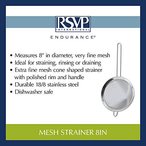 RSVP International Endurance Kitchen Collection, Stainless Steel Fine Mesh Conical Sieve/Colander, Multi-Purpose for Cooking, Baking, Loose Leaf Tea, Bar Strainer Cocktails, 8-Inch - size: 8-Inch
