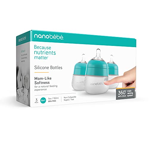 Nanobebe Flexy Silicone Baby Bottle, Anti-Colic, Natural Feel, Non-Collapsing Nipple, Non-Tip Stable Base, Easy to Clean 3-Pack, Teal, 5 oz - color: Teal, style: 5 Ounce 3-Pack