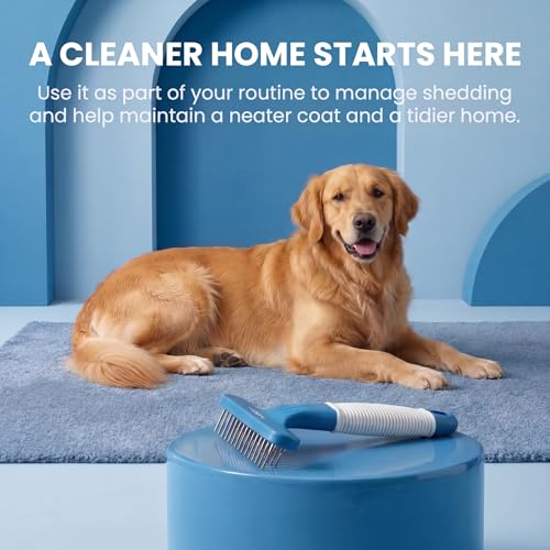 POODLIE Poodle Pet Dog Grooming Rake | Dematting Tool with Stainless Steel Shedding Comb for Pets | 2 Rows of Pins Gently Remove Loose or Tangled Hair from Undercoat (Blue) - color: Blue