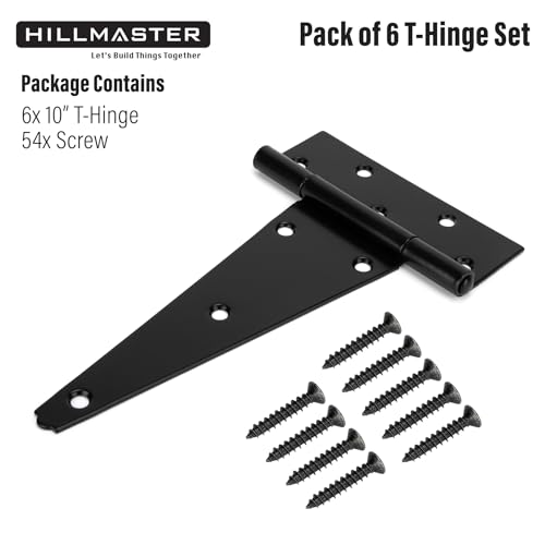 HILLMASTER 10 Inch T-Strap Heavy Duty Shed Door Hinges Gate Strap Hinges Black Tee Hinge Wrought Hardware for Wooden Fences,Yard,Barn Door,Rustproof (6 Pack) - size: 10in 6Pack