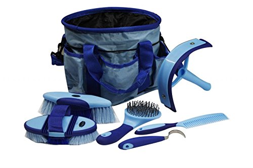 Showman 6 Piece Soft Grip Grooming Kit with Strapped Bag and Pockets on Outside - color: Blue