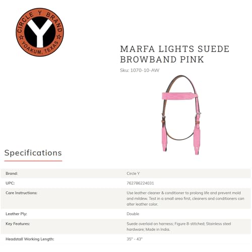 CIRCLE Y Marfa Lights Suede Browband Headstall | Double Ply Western Headstall with Suede Overlay, White Stitching & Stainless Steel Hardware | 35"- 43" Adjustable Fit - color: Pink