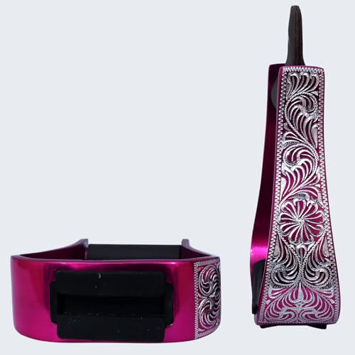HILASON Western Aluminum Horse Riding Stirrups – Engraved Floral Design with Rubber Tread - color: Pink
